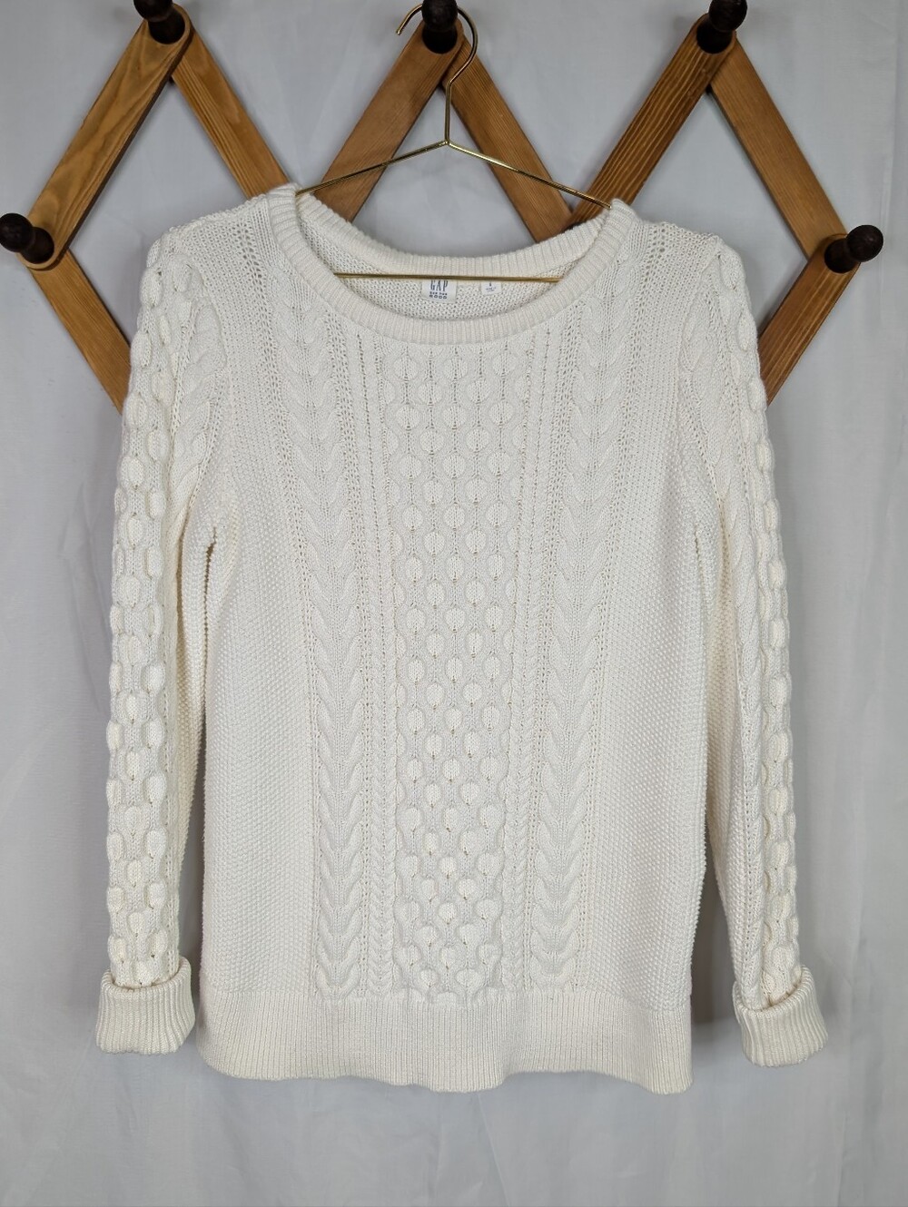 Gap Fisherman Cable Knit Cream 100% Cotton Crew Neck Sweater - Size Small